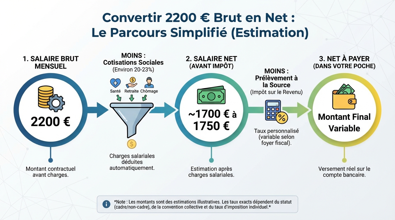 Calculer 2200 brut en net